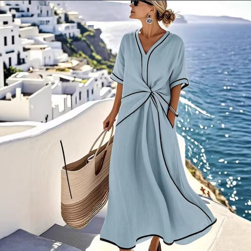 Women's Boho V-Neck Twist-Front Linen Maxi Beach Dress