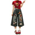 Cartoon Patch Embroidery Cropped Wide Leg Washed Denim Culottes