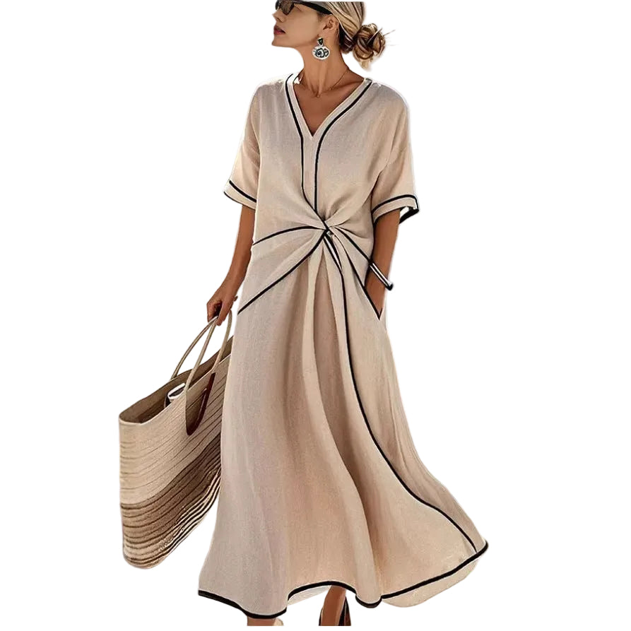 Women's Boho V-Neck Twist-Front Linen Maxi Beach Dress