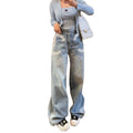 Vintage Blue Embroidered High Waist Wide Leg Denim Trousers