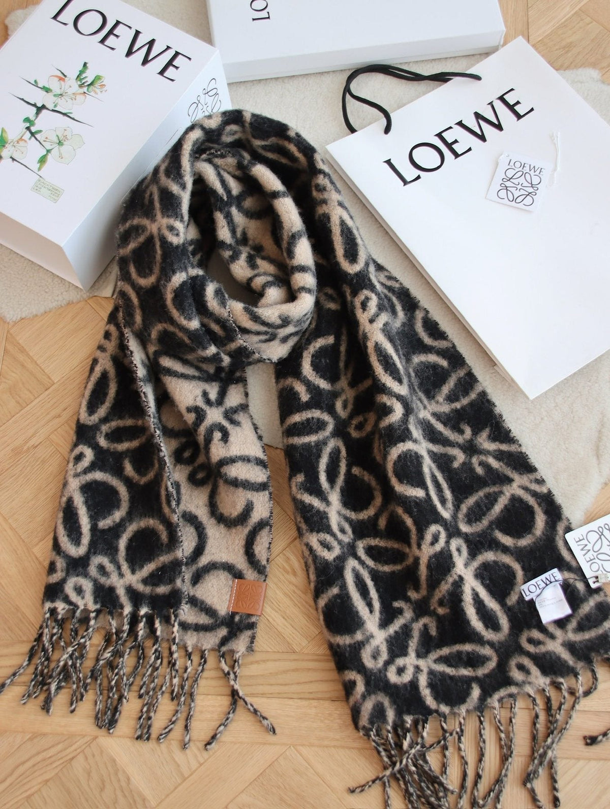 Loewe Beige and Black Patterned Fringe Scarf