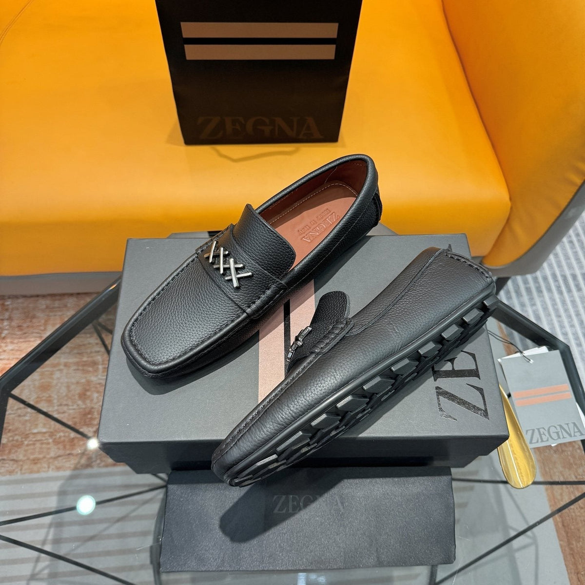 Zegna Black Cross-Stitch Driving Loafers