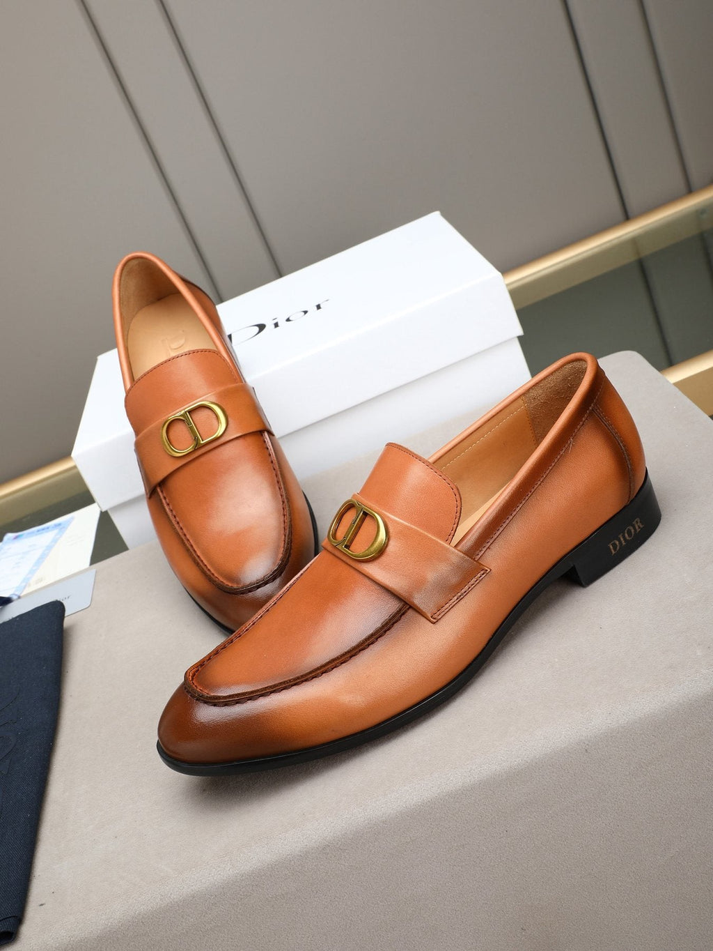 Dior Cognac Brown Gold-Hardware Loafers