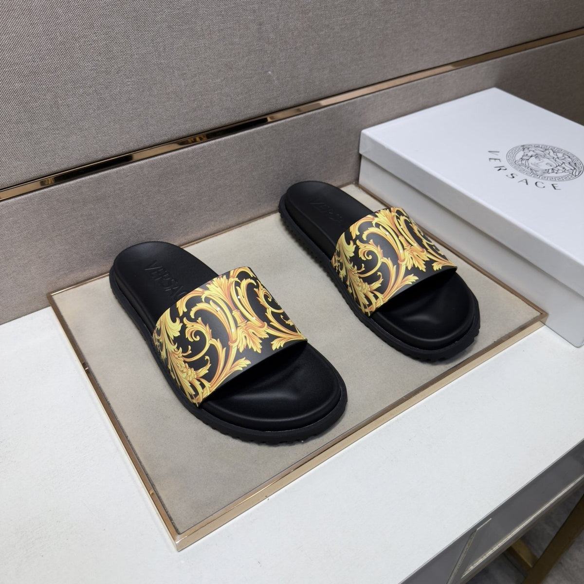 Versace Gold Patterned Strap Slide Sandals