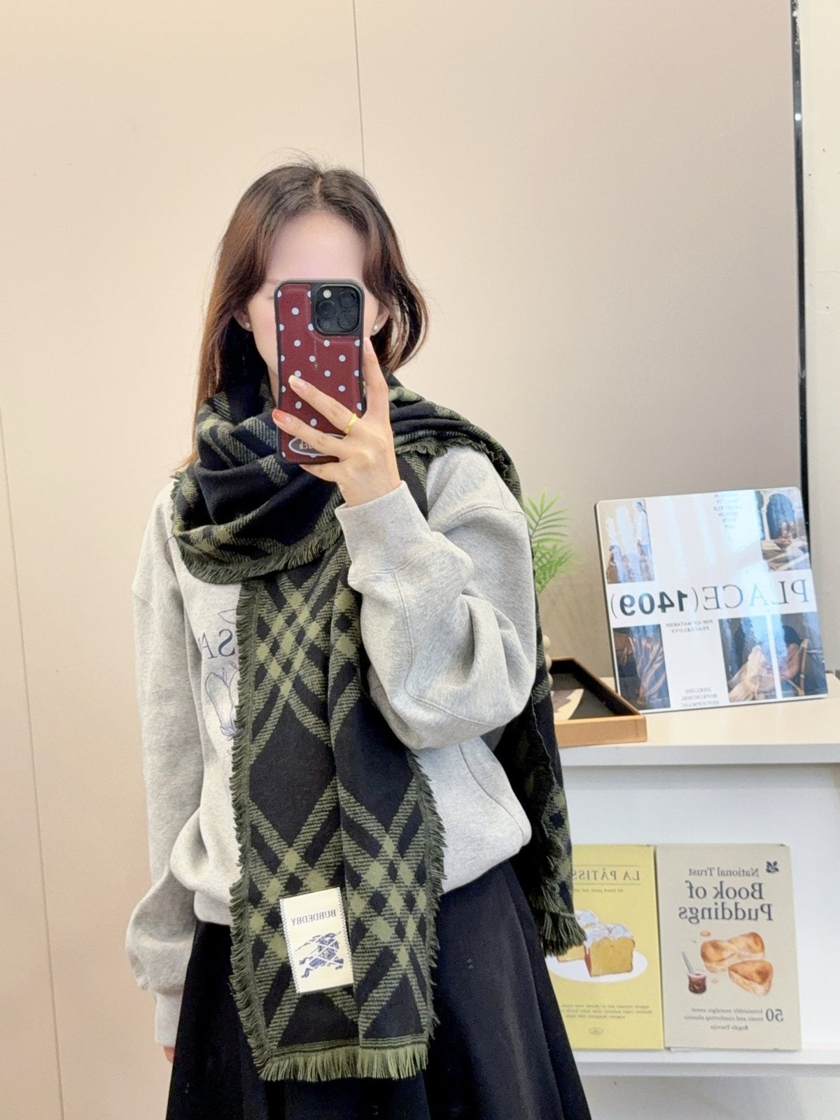 Burberry Black and Olive Green Plaid Scarf