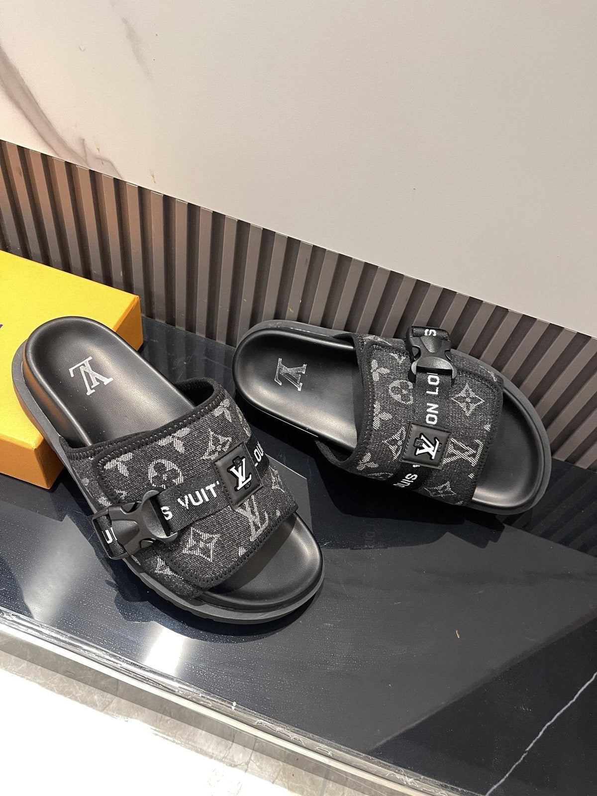 Louis Vuitton Black Monogram Slide Sandals - Open Toe
