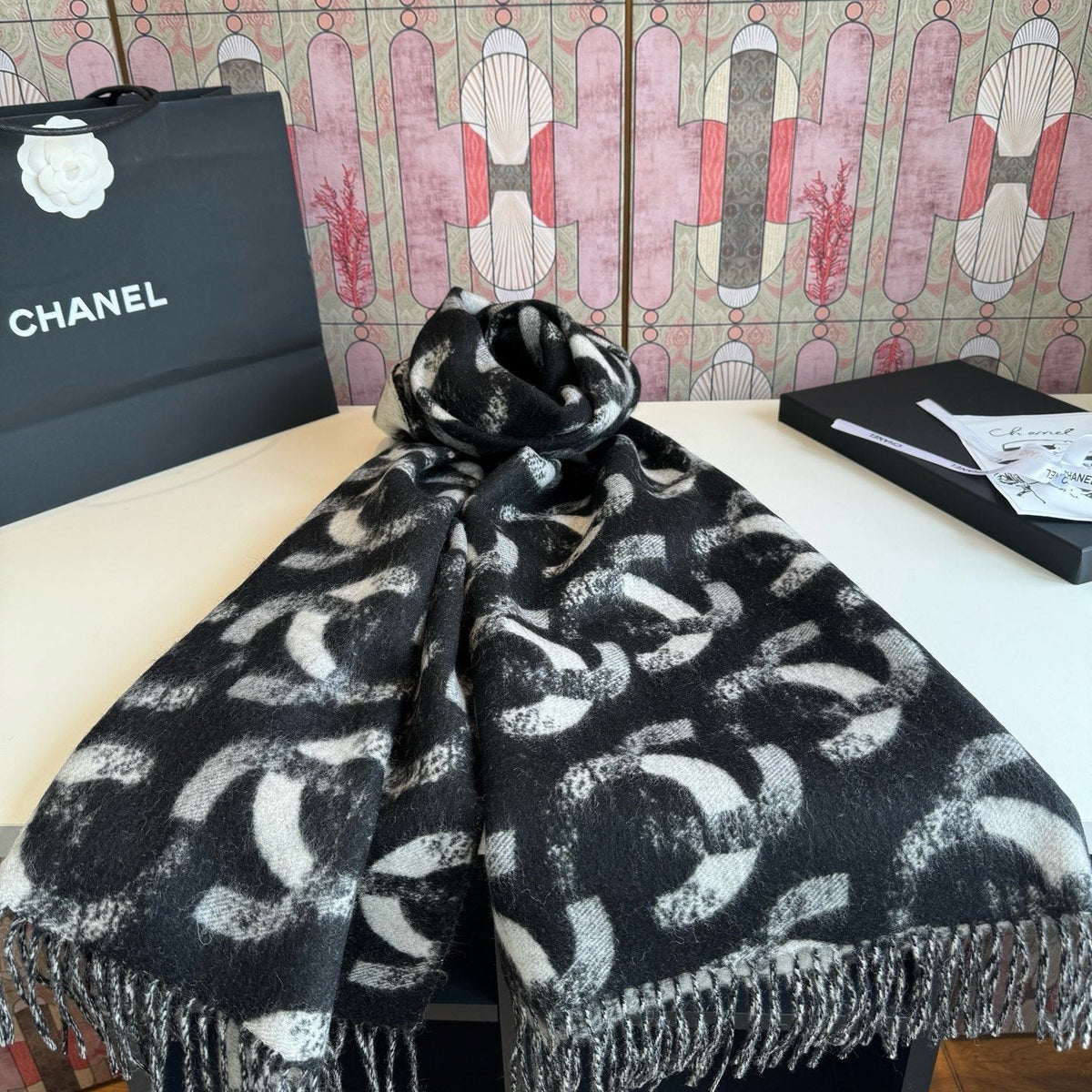 Chanel Black Fringed Patterned Scarf