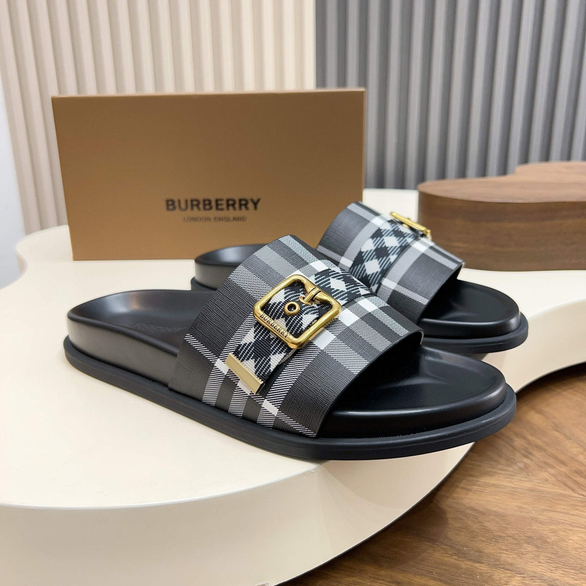 Burberry Check Buckle Slide Sandals