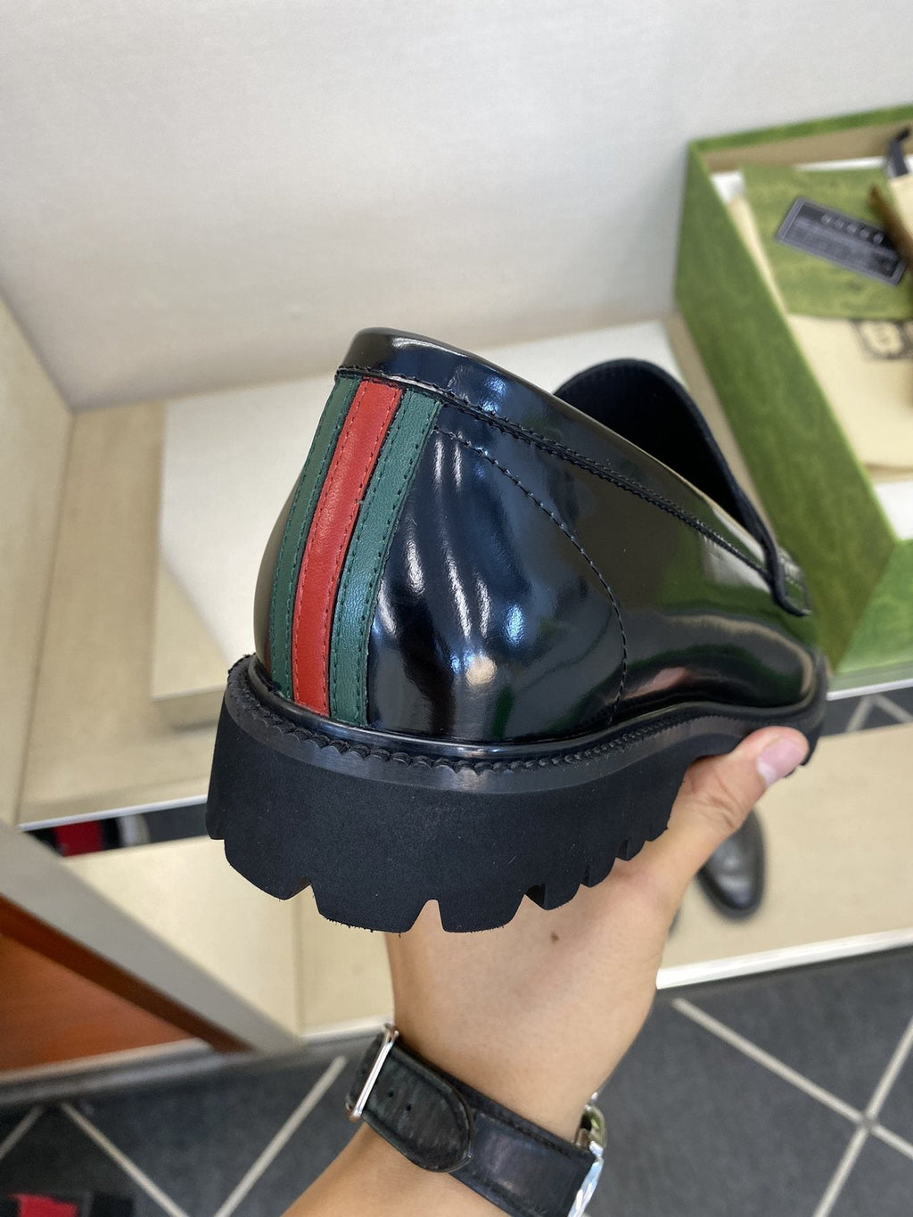 Gucci Men's Black Embossed Lug Sole Loafers