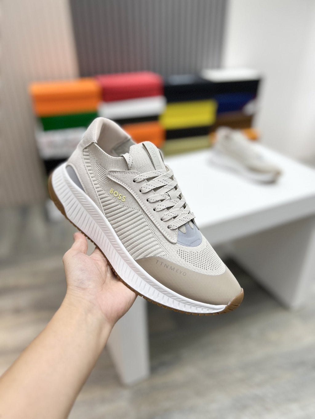 BOSS Men's Knit-Upper Ribbed-Sole Sneakers