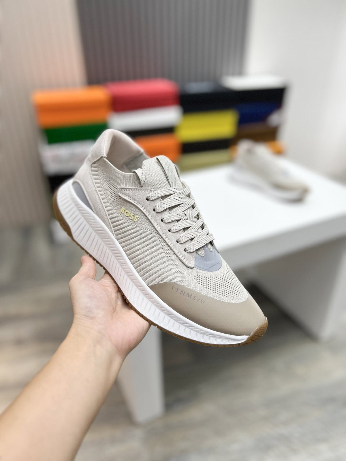 BOSS Men's Knit-Upper Ribbed-Sole Sneakers