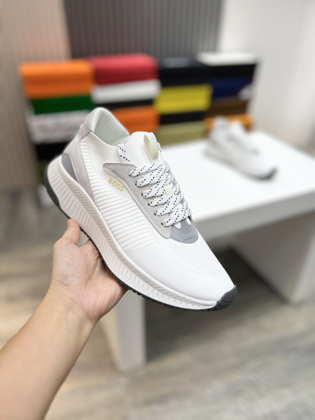 BOSS Men's Knit-Upper Ribbed-Sole Sneakers