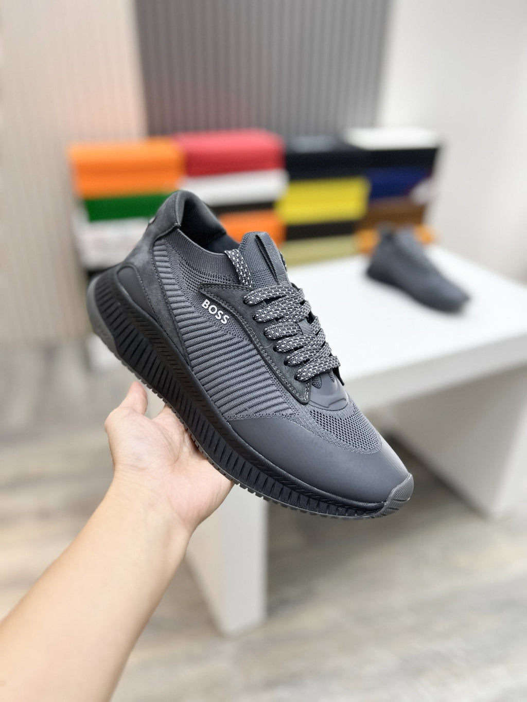 BOSS Men's Knit-Upper Ribbed-Sole Sneakers