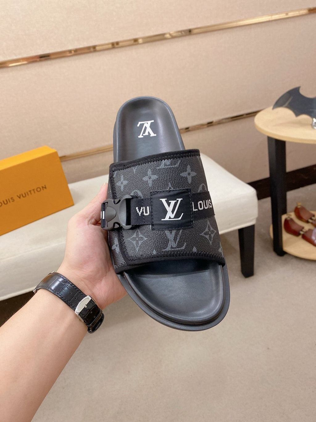 Louis Vuitton Men's Monogram Buckle Slide Sandals