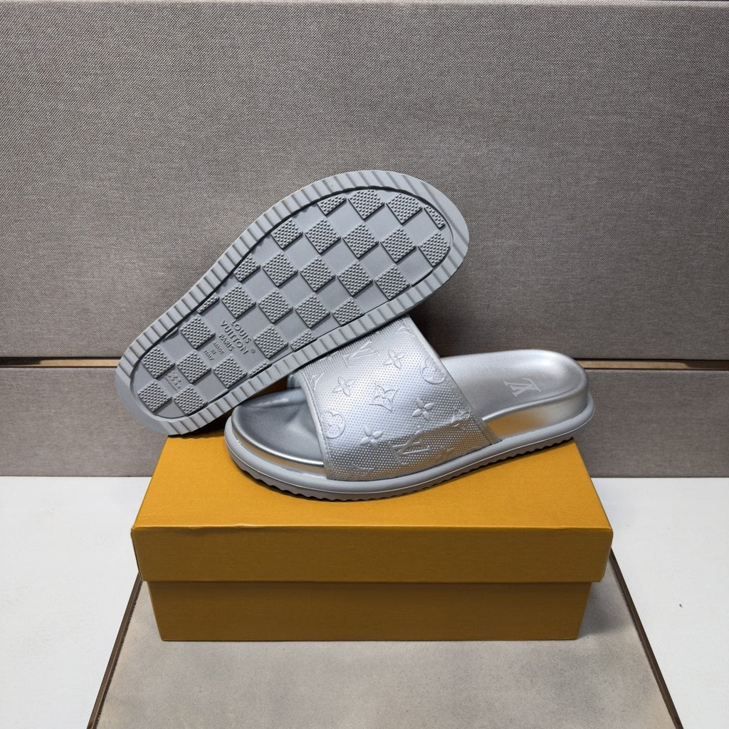 Louis Vuitton Embossed Metallic Slide Sandals