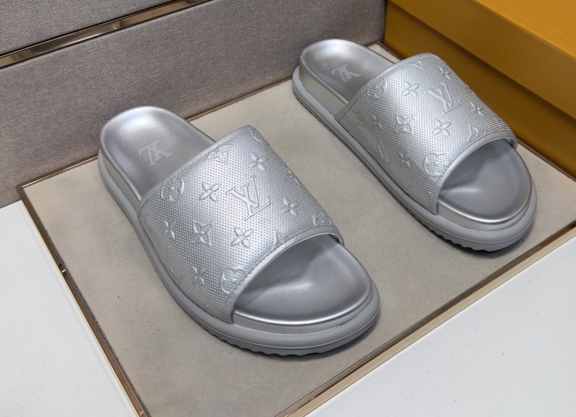 Louis Vuitton Embossed Metallic Slide Sandals